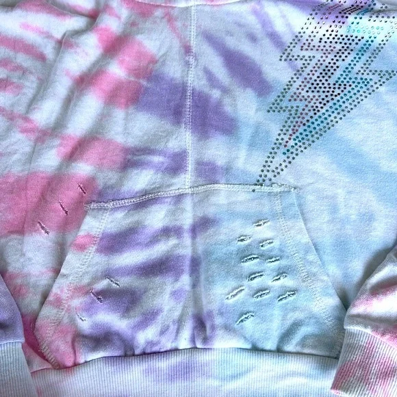 Girls’ Vintage Havana Tie Dye Distressed Lighting Bolt Rhinestone Hoodie 10/12 - Picture 4 of 10